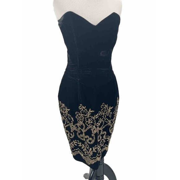 Jessica McClintock Gunne Sax Black Velvet Strapless Mini Dress Gold Sequin Sz S - Picture 1 of 8